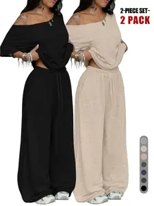 Women's 2-Piece Pajama Lounge Set, Off-Shoulder Oversized Short Sleeve Top & Wide-Leg Pants, Soft Comfortable Drawstring Loungewear for All Seasons