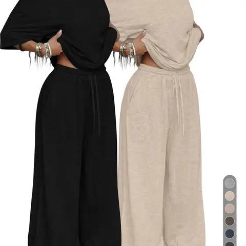 Women's 2-Piece Casual, One-Shoulder Oversized Short Sleeve Top & Drawstring Wide-Leg Pants, Soft Comfortable Loungewear for All Seasons, Loungewear Pajama Set, Loungewear Pjs Set