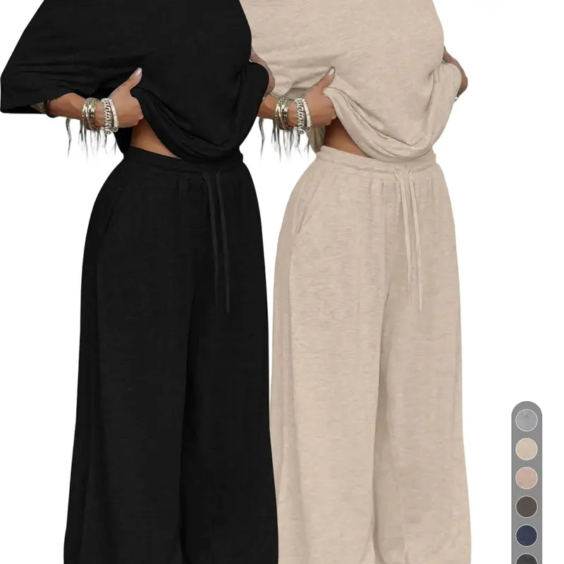 Women's 2-Piece Casual, One-Shoulder Oversized Short Sleeve Top & Drawstring Wide-Leg Pants, Soft Comfortable Loungewear for All Seasons, Loungewear Pajama Set, Loungewear Pjs Set