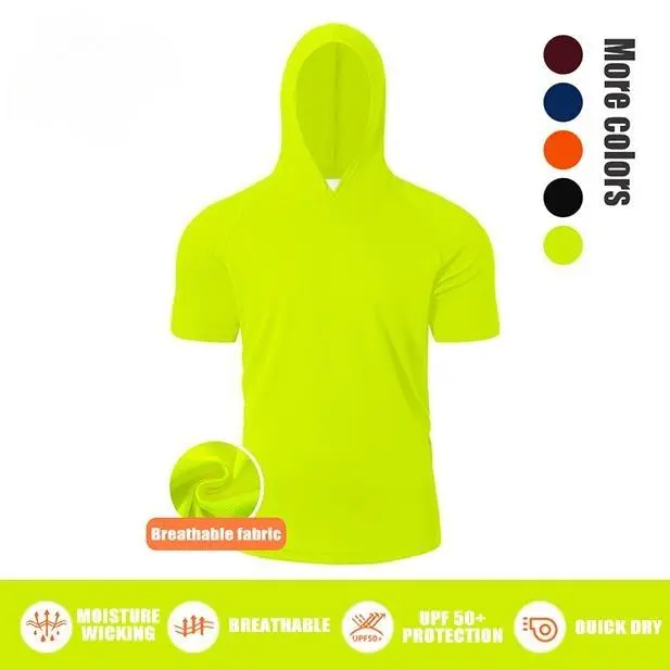 Men's High-Performance Hooded Short-Sleeve T-Shirt: Durable, breathable, and quick-drying micro-mesh fabric, trendy sportswear suitable for hiking, fishing, beach sports, and summer leisure activities.