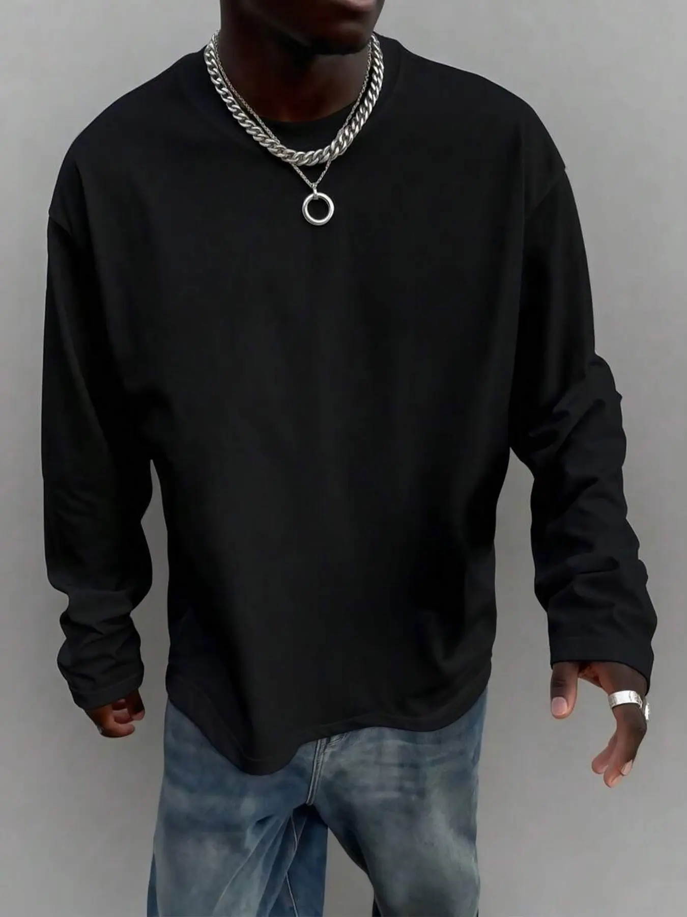 Men's Oversize Long Sleeve T-Shirt, Casual Plain Fitted Top, Streetwear Hip-Hop Style, All-Season Essential Fashion Item, Menswear