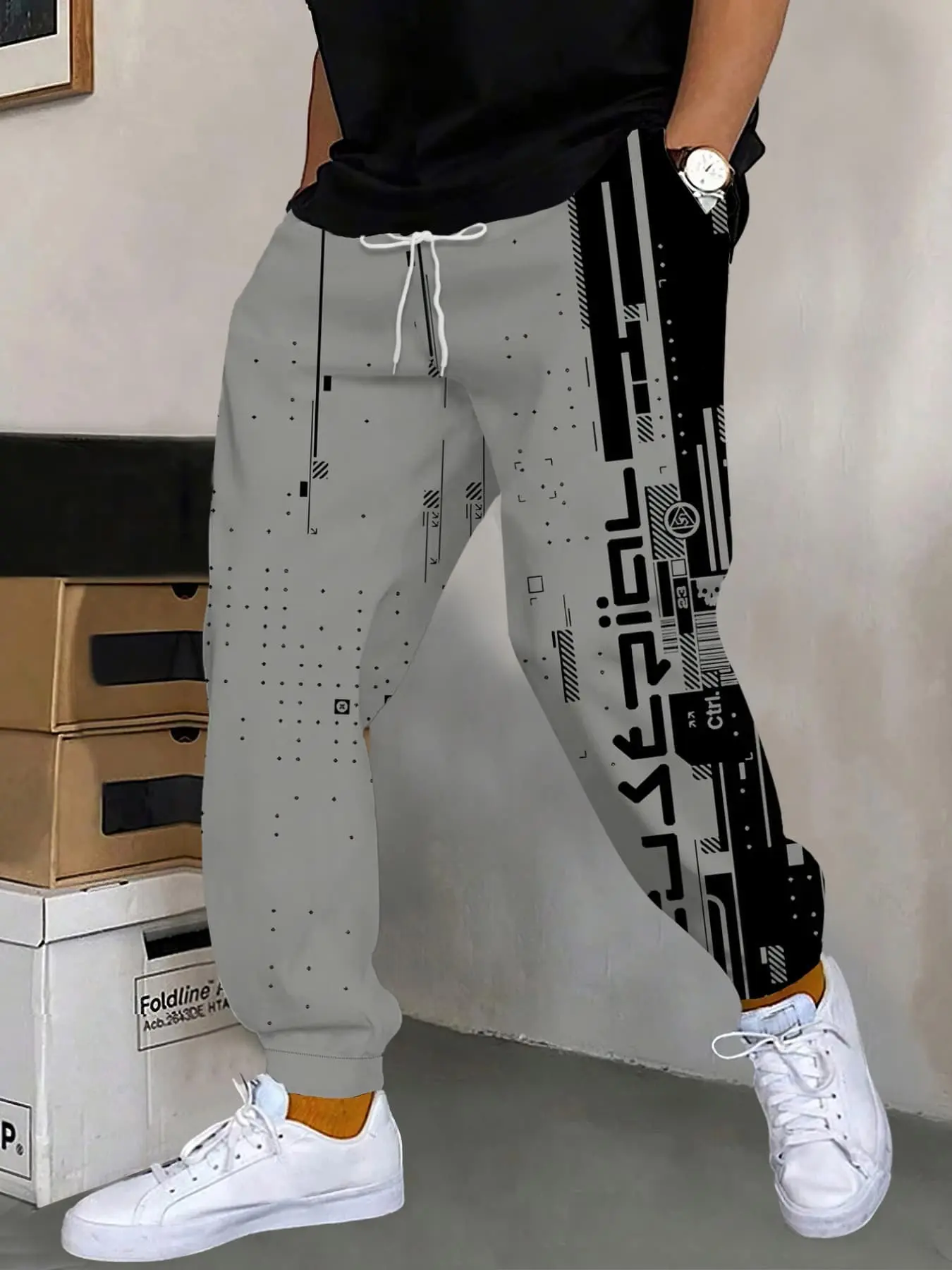 Men's Cyberpunk Geometric Print Joggers, Elastic Waist Drawstring Side Pockets, Casual Loose-Fit Running Pants, Fall Fashion