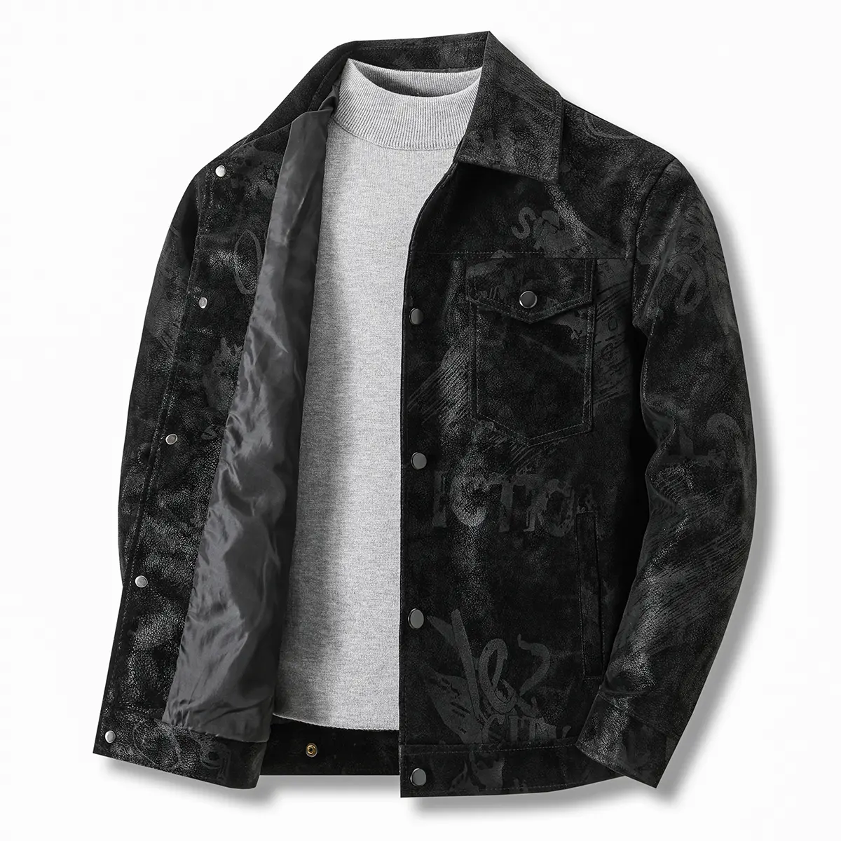 Men's Retro Faux Suede Foldable Jacket - Dark Striped Graffiti Print, Button-Front Lapel Collar, Slim-Fit Long-Sleeves, Soft Menswear Outerwear, All-Day Comfort, Easy to Pair, for Commute, Fall Casual Wear