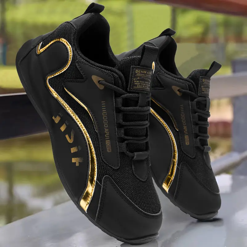 Men's Luxury Black & Gold Casual Trainers - Waterproof Dirt-Resistant PU Leather Footwear, Lightweight Non-Slip PVC Sole Closed Streetwear Shoes for Male Students Daily Commute, Weekend Hangouts, Antislip Casual Trainers, Breathable Waterproof Casual Trai
