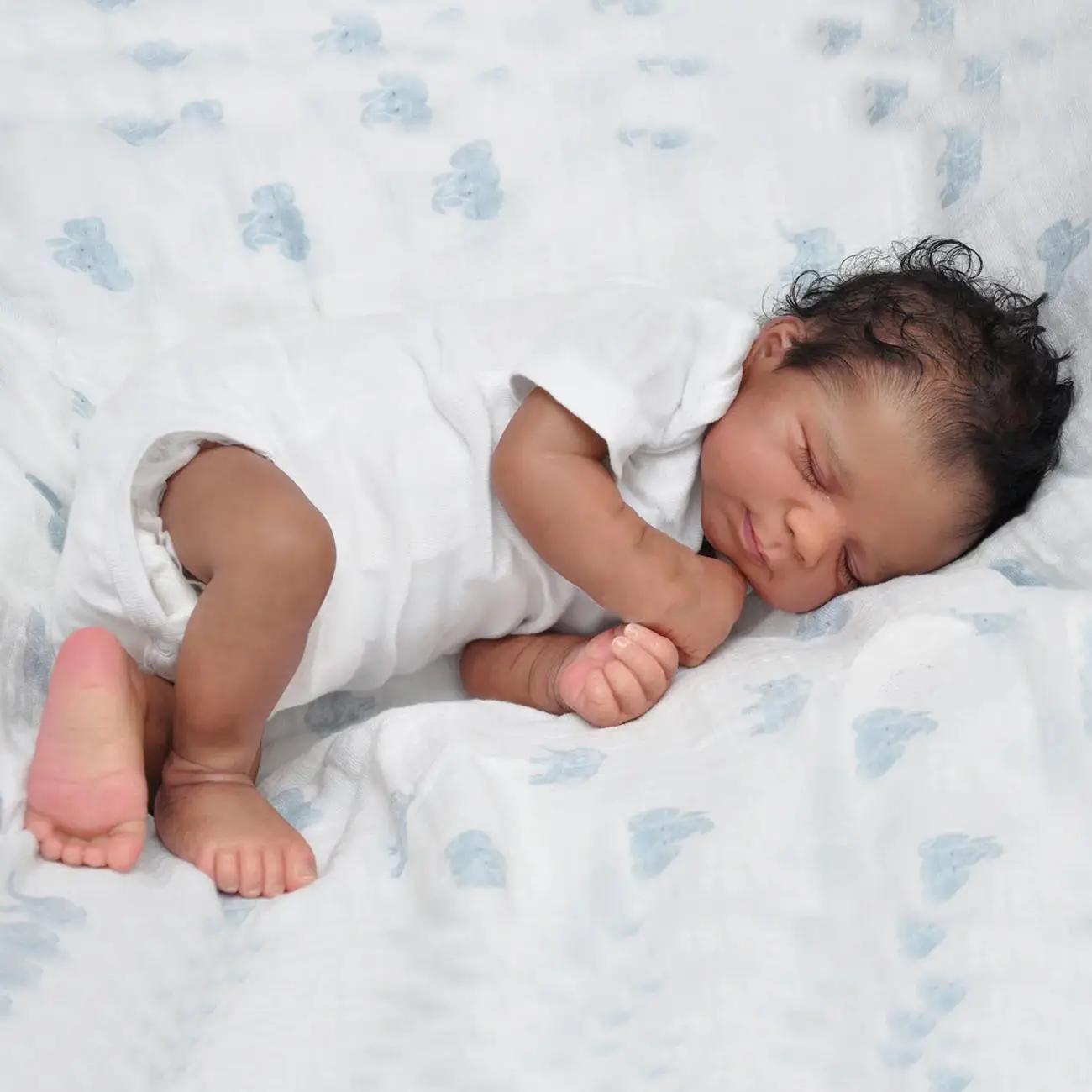 19 Inch Realistic Reborn Baby Doll, Lifelike Realistic Newborn, Gorgeous Doll, Reborn Doll Baby Dolls, Soft Vinyl Black Skin Sleeping Doll with Short Sleeve Crawling Clothes, Birthday Gift for Kids