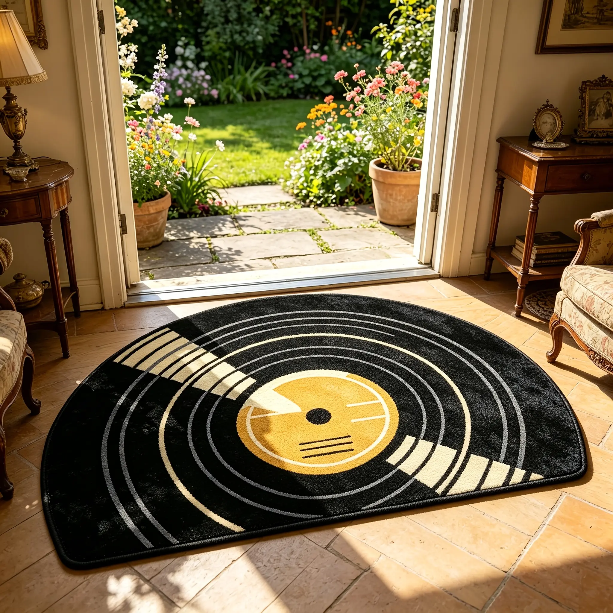 Retro Printed Half-Circle Flannel Polyester Door Mat - Single Mat, Indoor/Outdoor Rug, Playful Decor, Machine-Washable Dot-Pattern Base, Festive Gift, Multiple Sizes Available