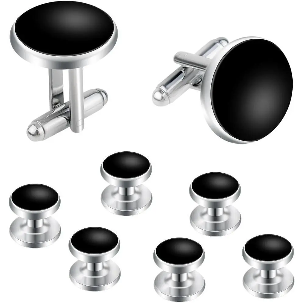 8 Pcs Classic Black & Silver Tuxedo Cufflinks and Studs Set, Mens Accessories for Tuxedo Shirts, Ideal Wedding Business Formal Gift
