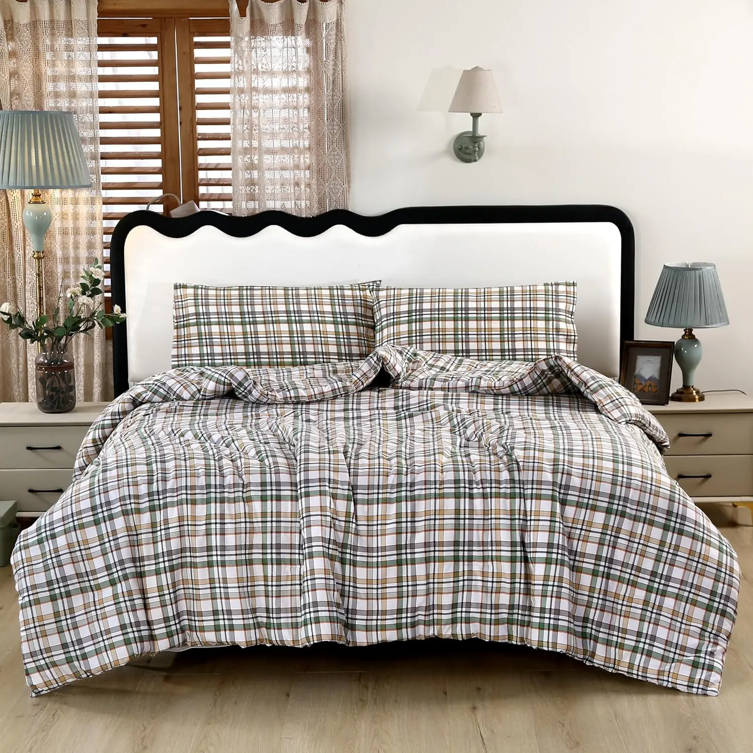 Full Size 3-Piece Green Gingham Comforter Set, 100% Washed Microfiber, Lightweight All-Season Bedding