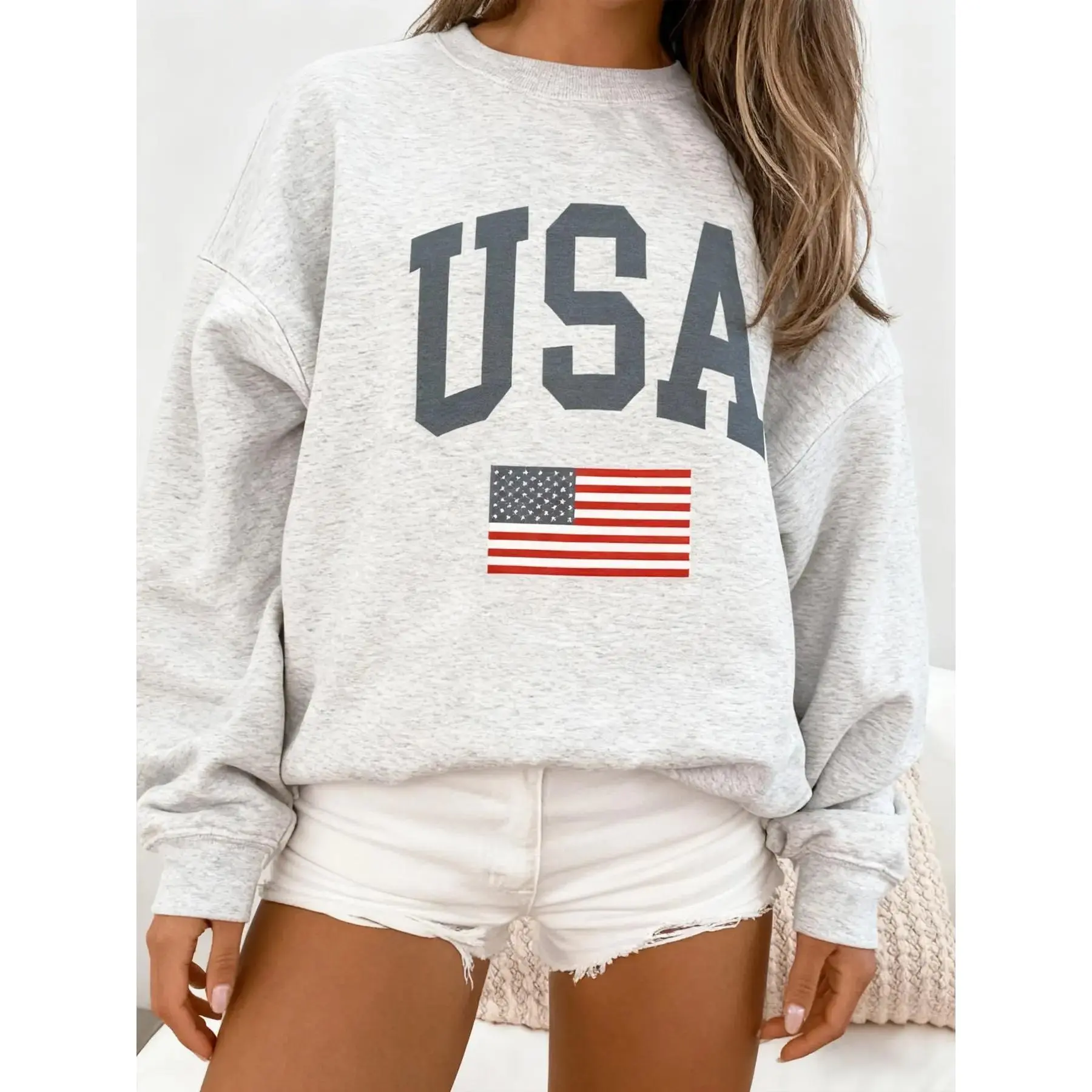 Women's Usa Flag Print Pullover Sweater, Drawstring Drop Shoulder Design, Casual Loose Fit, Perfect for Spring & Fall