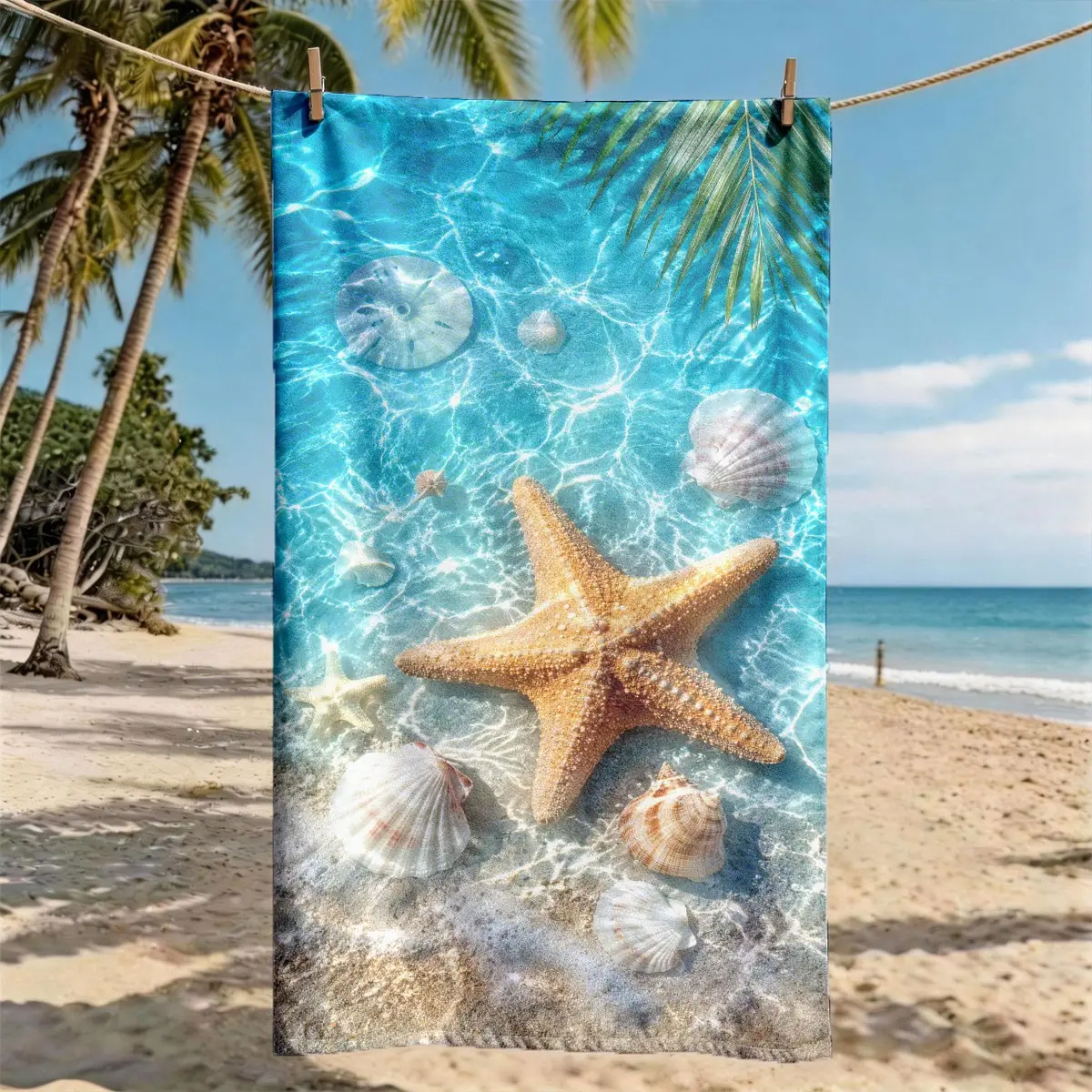 "Light Blue Water Starfish Seashell" Beach Towel | Oversized, Quick Dry, Ultra-Soft Polyester | Multi-use for Travel, Swimming, Camping, Fitness | Perfect Choice for Beach Vacations | Machine Washable | 2D Flat | Best Gift for Friends and Family.