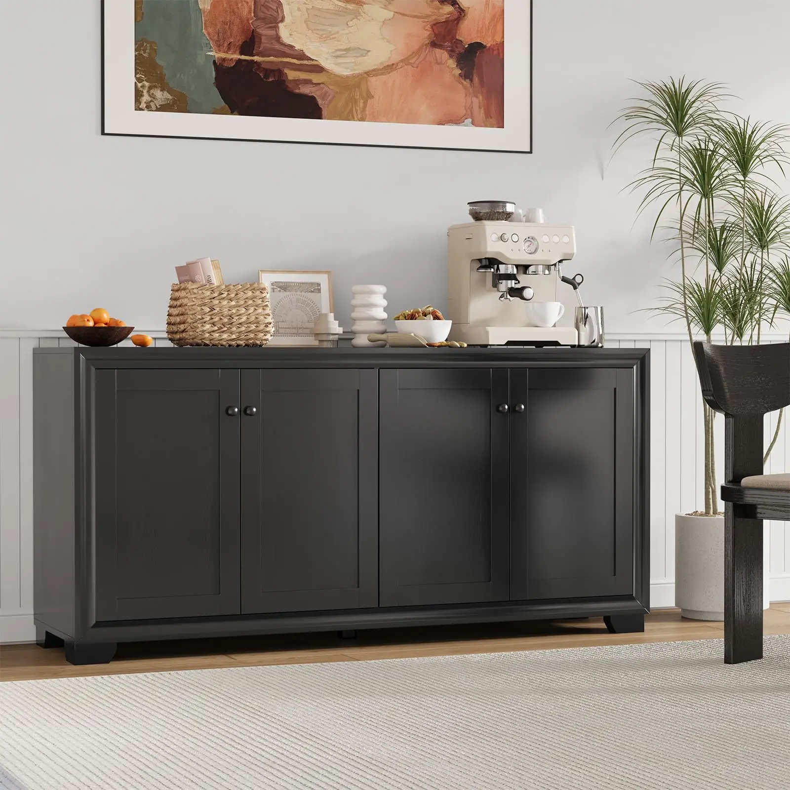 60 In Black Wooden Buffet Cabinet - 3-Tier Sideboard Credenza with Adjustable Shelves, Modern Coffee Bar Console for Living Room, Kitchen Storage