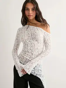 Women's Fashion Lace Crossbody Off-Shoulder Irregular Hem Long Sleeve Top, Stylish and Comfortable Casual Wear for All Seasons