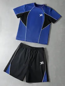 Men's 2-Piece Set Blue Colorblock Graphic Tee and Shorts, Casual Comfortable, Ideal for Daily Leisure Activities