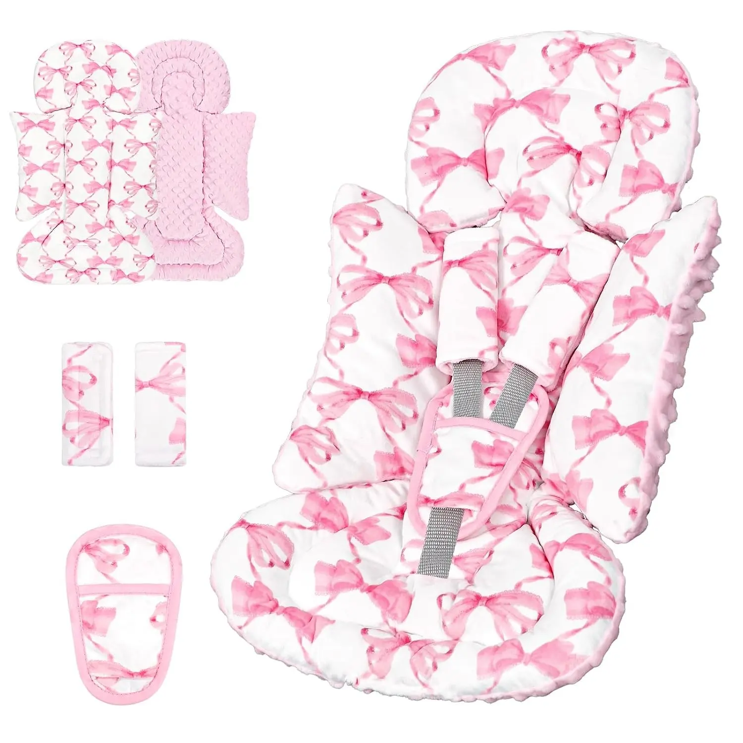 Unisex Infant Car Seat Insert with Soft Head & Body Support for Newborn Preemie, Reversible Baby Carseat Cushion with 3 Strap Pads, Fits Car Seat Stroller Swing Bouncer, Pink BowGift
