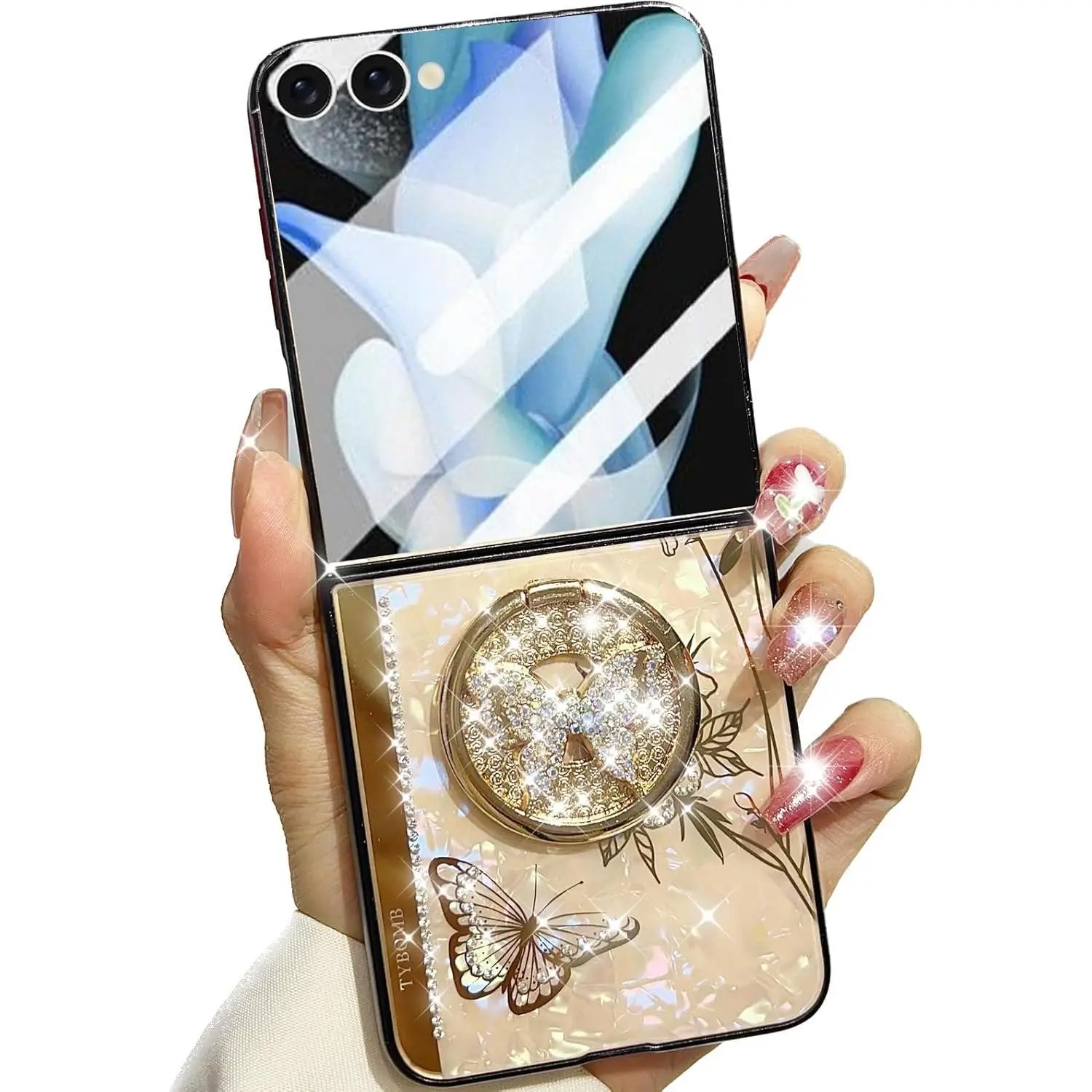 Samsung Galaxy Z Flip 7 5G Smartphone Case - Cute Glitter Rhinestone Butterfly Ring Kickstand, Marble Mirror, Shockproof Handheld Cellphone Accessory for Women, Gold