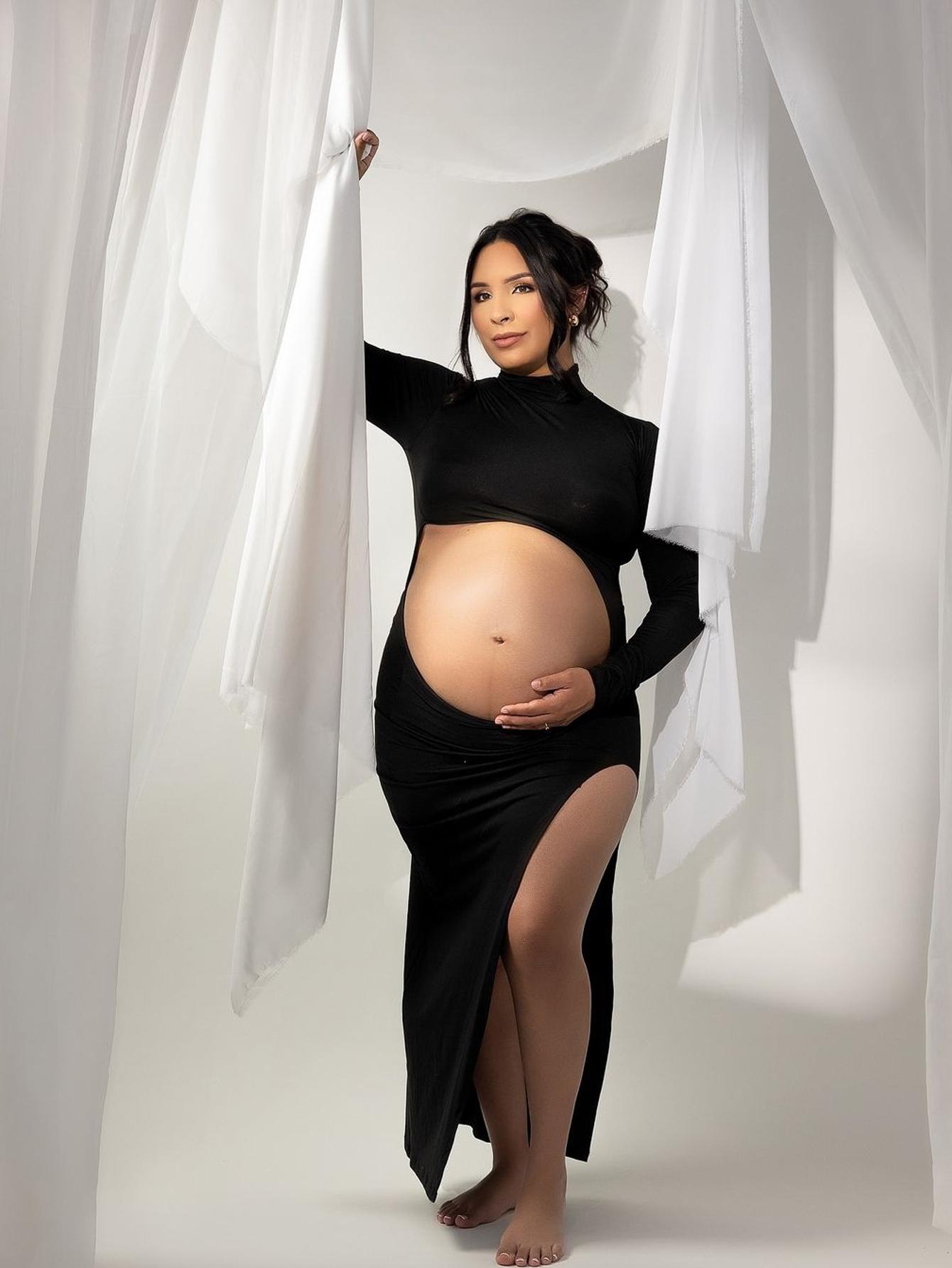 Maternity Photography Dresses Long Sleeve Mock Neck Side Split Showing Belly Pregnant Sexy Gown For Photoshoot Baby Shower