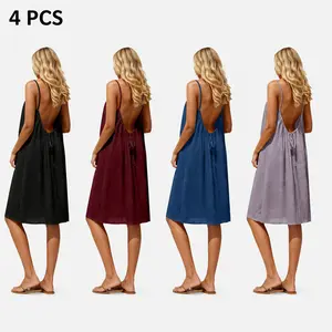 4 PCS Women's Flowy Solid Color Cami Lounge Dress Elegant Sleeveless Short Dress Summer Ladies Sleepwear Indoor Wear Backless Tie Slip Sundress Casual Beach Vacation Cover Up Boho Resort Outfit Comfortable Relaxed Holiday Clothing