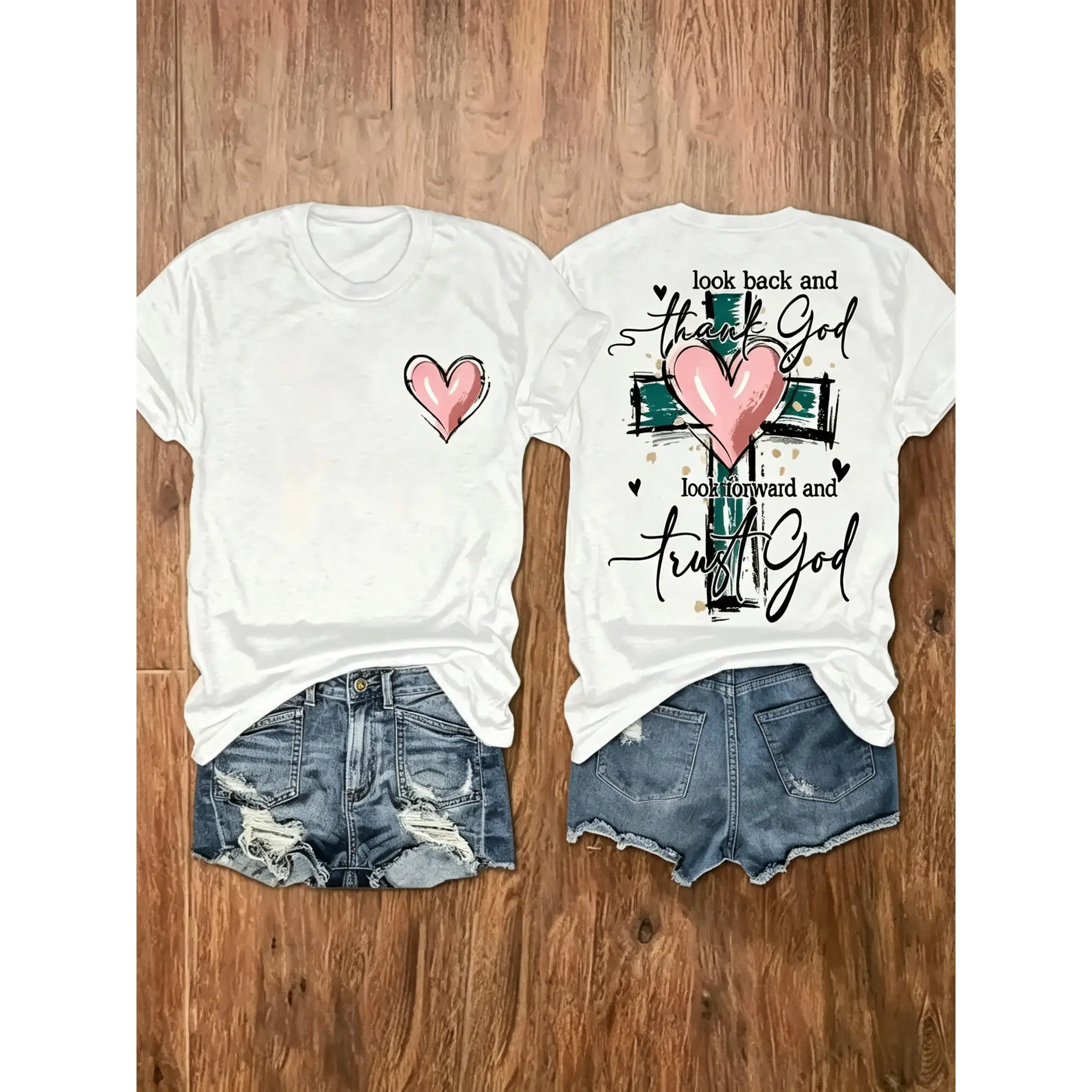Thank God Trust God Faith Quote Graphic T-Shirt, Pink Heart Cross Print Tee, Classic Crew Neck Shirt, Christian Casual Short Sleeve Top, Trendy Faith Aesthetic Cotton Tee for Christian Believers, Religious Style Fans and Casual Fashion Enthusiasts