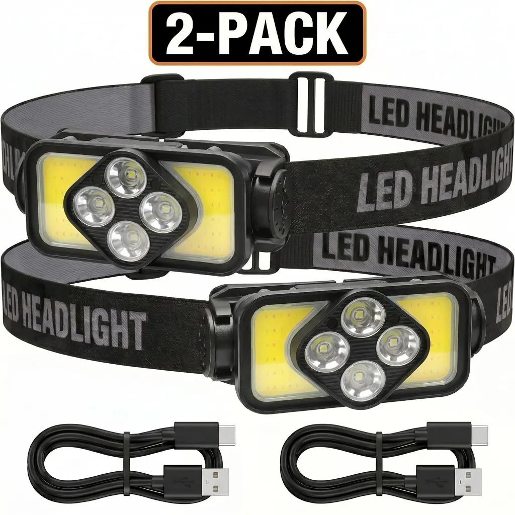 2-Pack USB Rechargeable Ergonomic Headband LED Lights for Adults, Motion Sensor with Red Light, Bright Portable Mini EDC Flashlight, Camping Essential Outdoor Gadgets, Car Emergency Tool