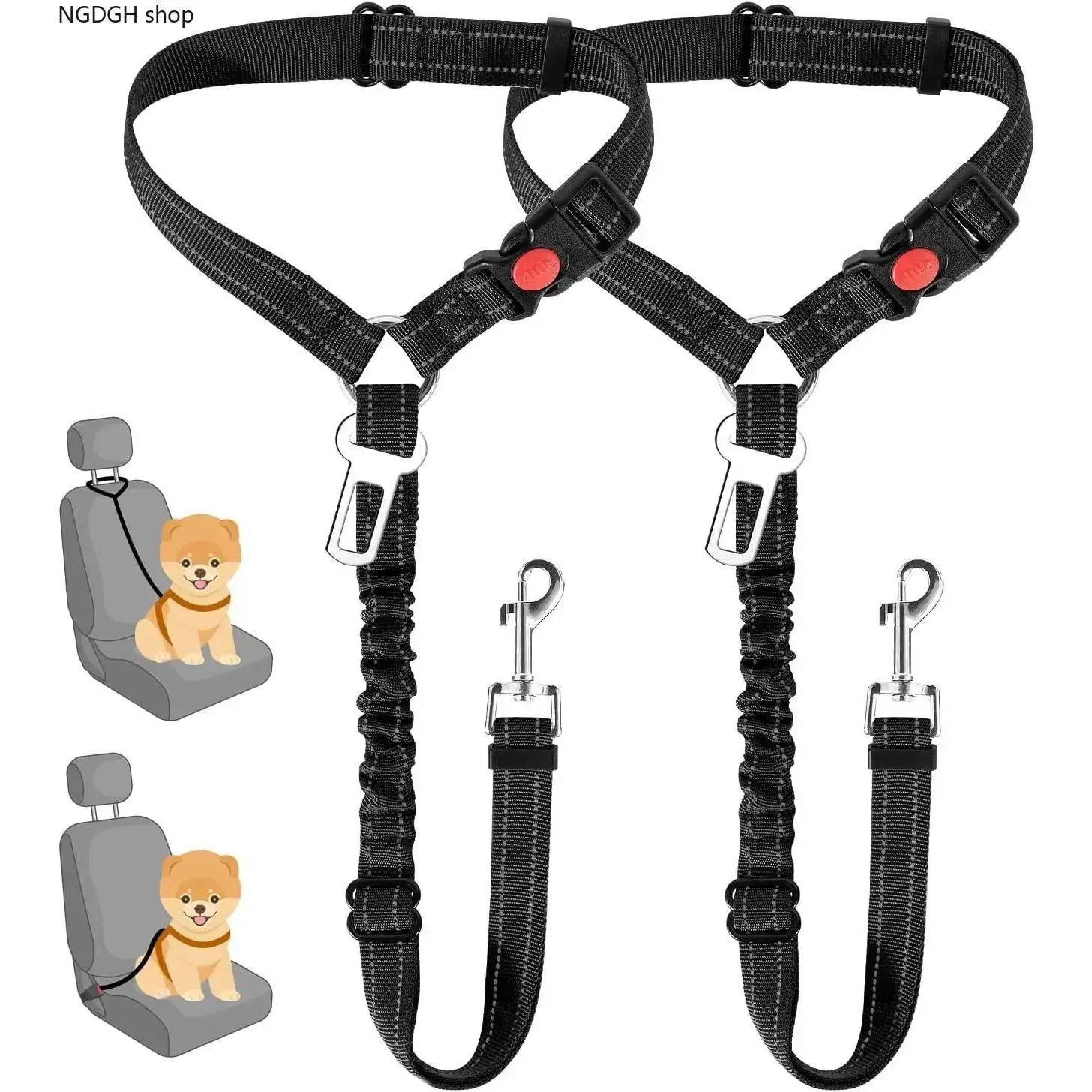 2Pcs Pet Car Seatbelt Harnesses - Black Dog Safety Accessory with Elastic Bungee Leash, Adjustable Reflective Vehicle Tether, Comfortable Travel Gear