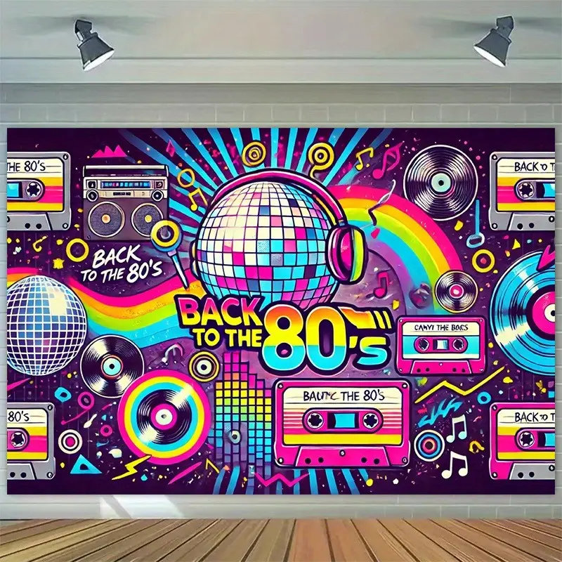 Back to the 80s 2D Flat Banner | Retro Neon Party Backdrop for Birthday & Event Decor | Single-Sided Polyester Fabric with Metal Grommets for Easy Hanging