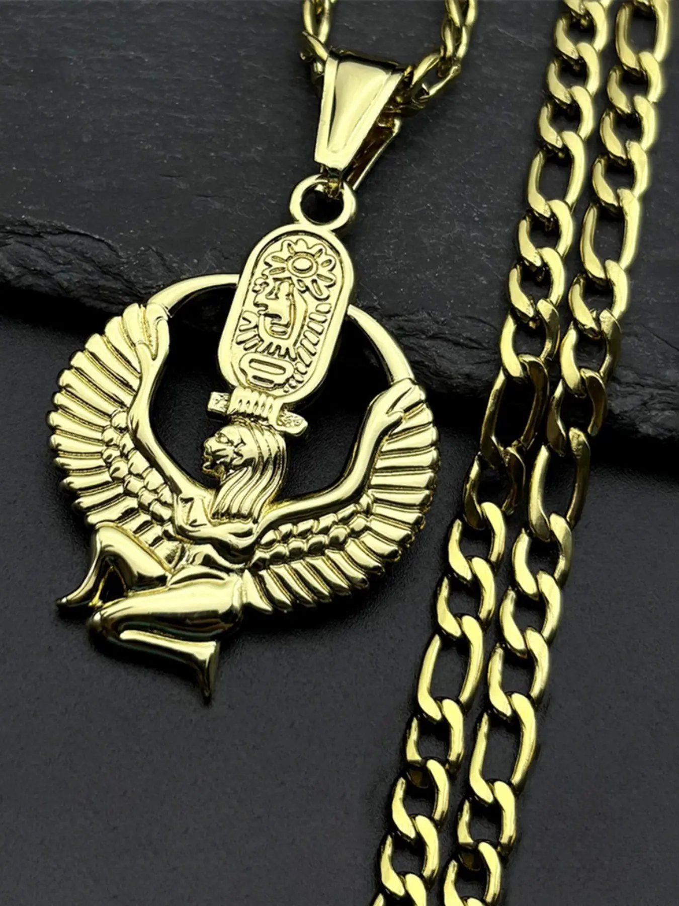 Egyptian Isis Goddess of Life Symbol Necklace for Women Men Stainless Steel Gold Color Mystery Cartouche Amulet Chain