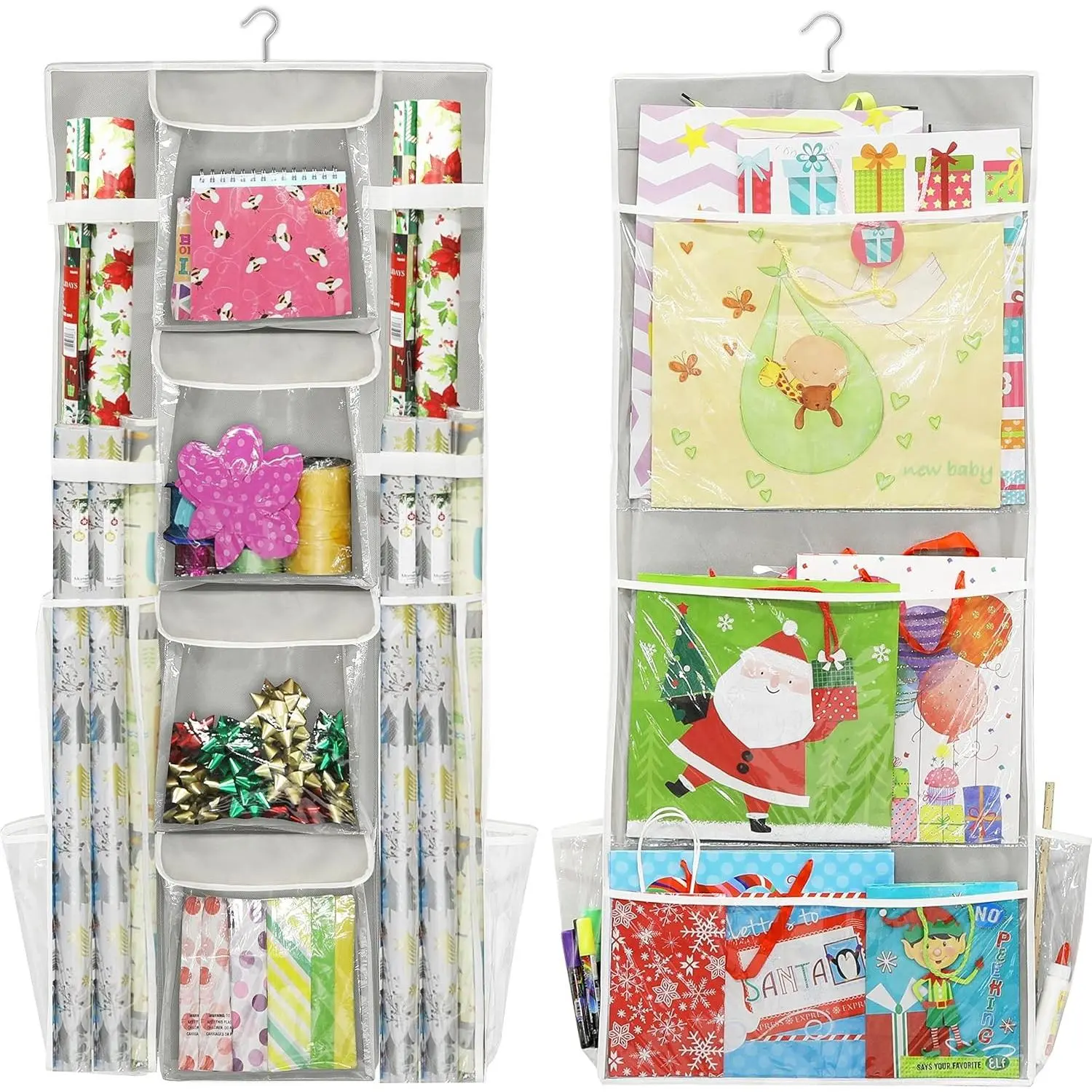 Multi-Pocketed Double-Sided Hanging Gift Wrap Organizer Storage Set (Gray, 1-Piece Hanging Set)