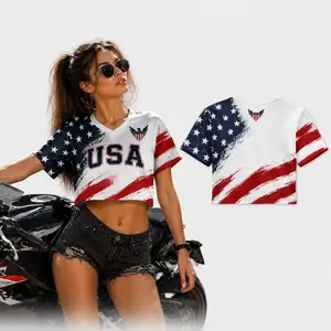 Independence Day USA Letter Print Low-Waist American Retro Star-Spangled Banner Color-Block Short Jersey