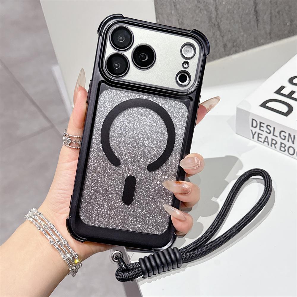 Luxury Wrist Strap Glitter Lanyard Phone Case For iPhone 17 Air 16 15 14 13 Pro Max For Magsafe Wireless Charging Armor Cover