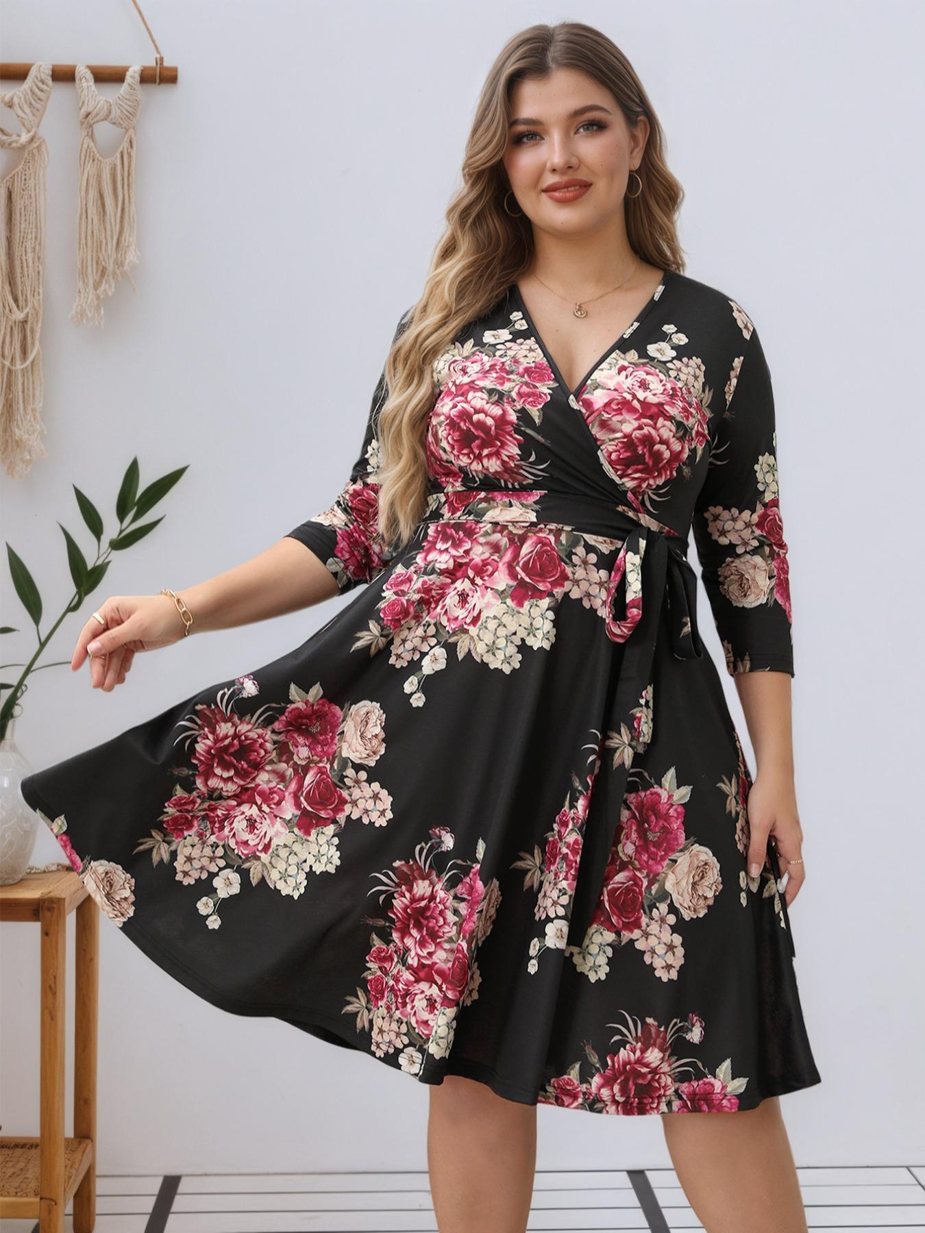 【Plus Size】Trendy Plain Wrap V Neck Belted A Line Plus Size Dress, Women's 3/4 Length Sleeve Solid Dress, Fall Outfit