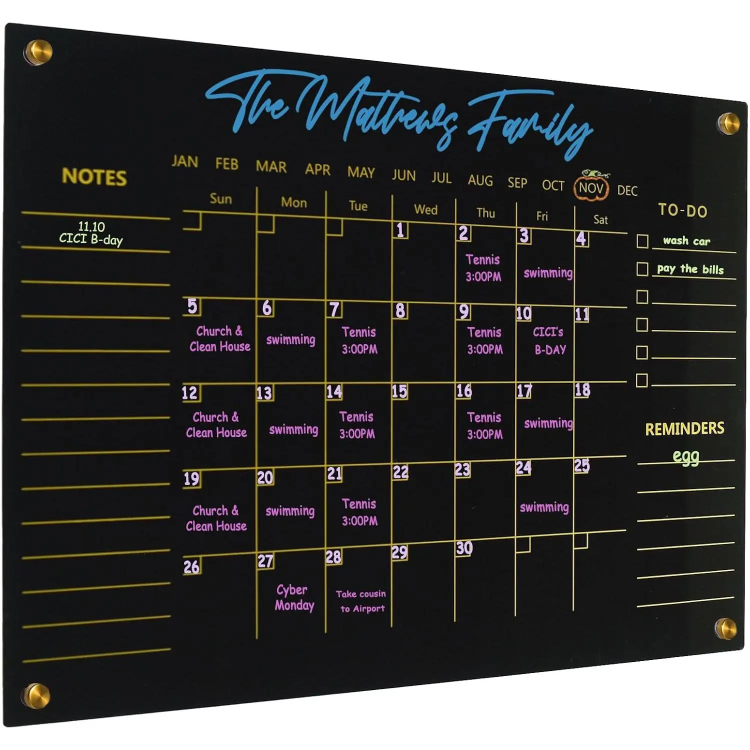 Black Acrylic Dry Erase Wall Calendar - 17x13 in Anti-Smudge, Personalizable DIY Theme Family Office Monthly Plan Whiteboard (-BK-3343)