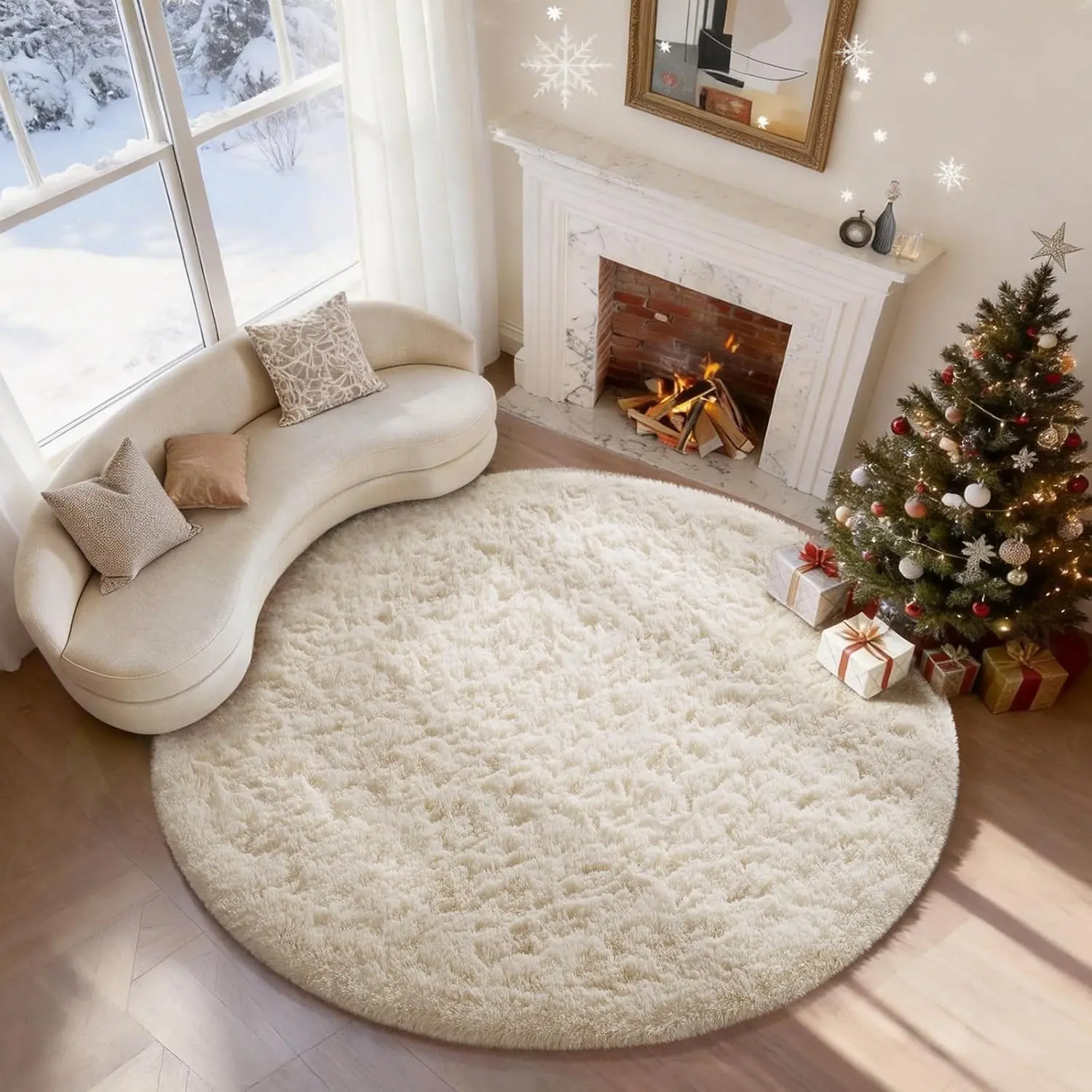 Round Washable Rugs 5Ft Ivory Circle Area Rug,Baby Nursery Living Room Bedroom Decor Circular Carpet 5 Foot,Fluffy Fuzzy Shag Plush Cream for Kids Boys Girls Teen with Over 99 pcs Pile fibers