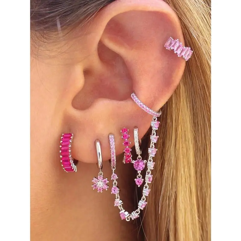 6Pcs Lovely Gold Plated Cubic Dangle Earrings For Women Pink Flower Hoop Earrings Set Fashion Jewelry