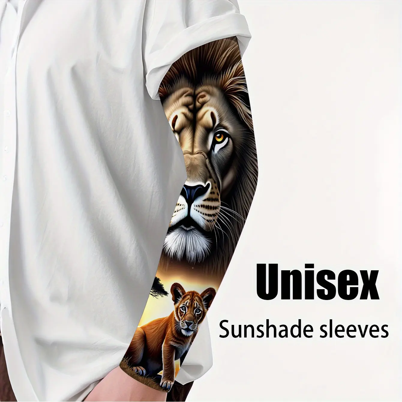 Unisex Stretch Polyester Stylish Floral Lion & Cub Tattoo Arm Sleeves (1 Pair) - Comfortable, Breathable, Quick-Dry for Outdoor Sports, Cycling/Fishing, Sun Coverage