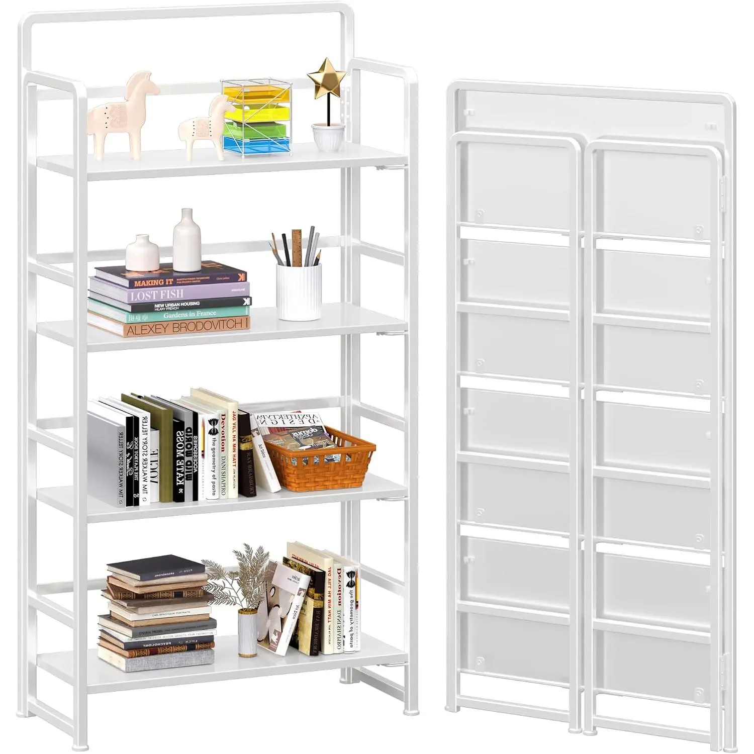 No Assembly Folding Bookshelf, 4-Shelf 54" H Collapsible Foldable Bookcase Storage for Small Spaces,  White
