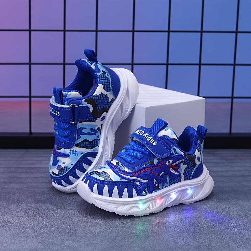 Youngsters' LED Dinosaur Sneakers - Boys' Glow-in-the-Dark T-Rex Sneakers with Flashing Lights, Camouflage & Solid Patterns, Hook-and-loop Fastener Closure, Ages 1-6, Perfect for Casual Play,  Dinosaur Themed Shoes |         Durab High Top Kid