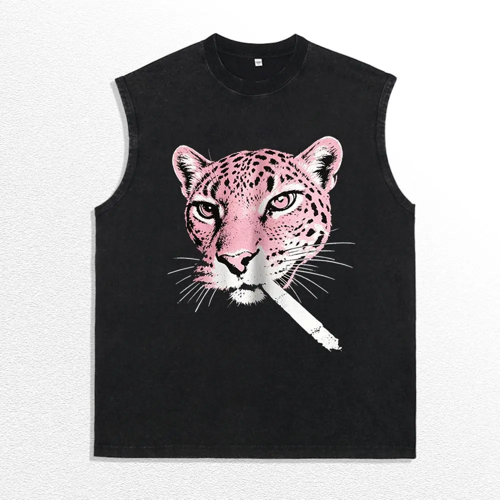 Vintage Acid Wash Pink Leopard Graphic Tank Top, Cool Panther Printed Sleeveless Muscle Shirt, Unisex Y2K Gym Top,Women's Vintage Graphic T-Shirt