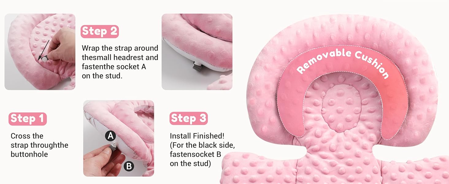 Infant Car Seat Insert with Removable Cushion for Baby Preemie Newborn Infant, Reversible carseat Insert Head Body Support Fits for Stroller, Baby Swing, Rocker, Bouncer, Bassinet - Pink