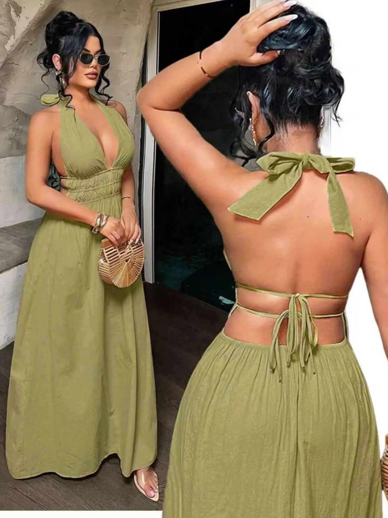 New Bohemian Style Women's Dress, Casual Halter Neck Backless Dress, Fashionable and Comfortable Clothes, Perfect for Everyday Wear