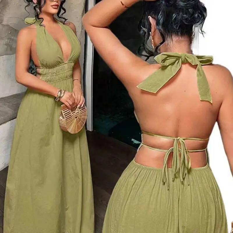 New Bohemian Style Women's Dress, Casual Halter Neck Backless Dress, Fashionable, Chic and Comfortable Clothes, Perfect for Everyday Wear