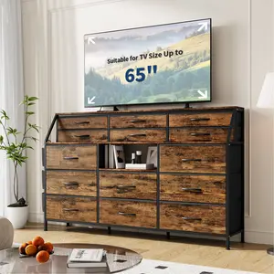 Dresser for Bedroom with 14 Drawers, 55 inch Wide Fabric Dresser with Shelves and Side Pocket, Bedroom Dresser with Metal Frame and Wood Top Open Shelves for Bedroom for Living Room, Bedroom, Closet