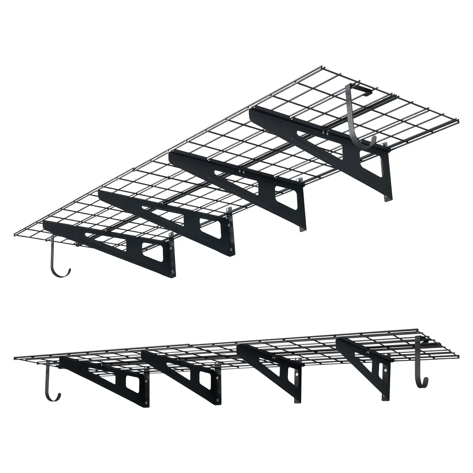 VEVOR 2-Tier Heavy Duty Wall Garage Shelving, 8 Pack 1 x 3 ft Steel Wall Mounted Shelving Unit with Hooks, 24 x 72 Inch Per Shelf Floating Storage Metal Rack, 1000 lbs Total Weight Capacity, Black