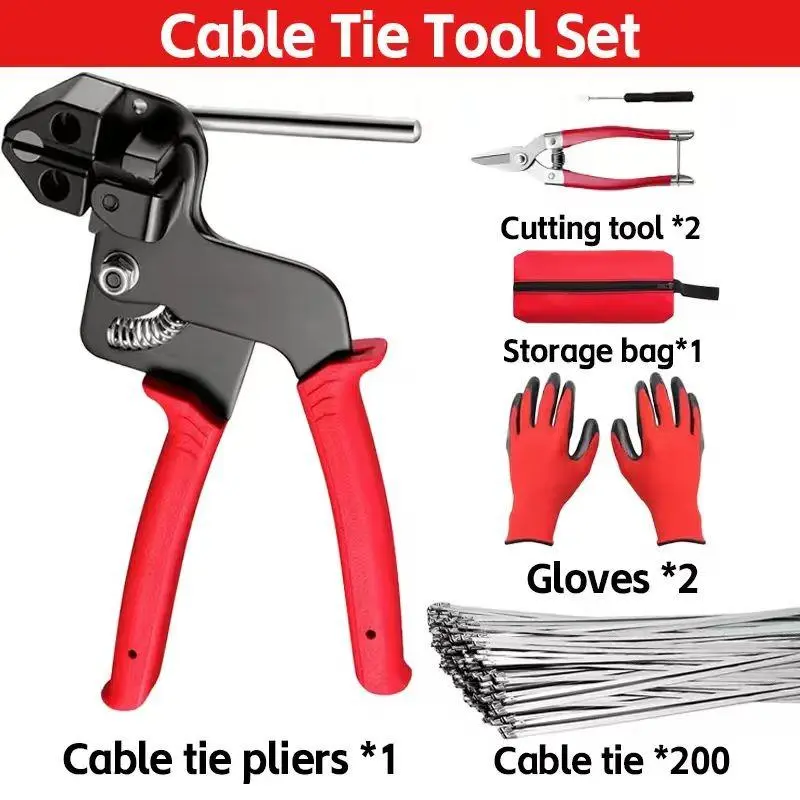6 PCS Heavy-duty 304 Stainless Steel Tie-Down Gun Kit with Steel Cable Ties Metal Scissors Cable Tie Remover Industrial Gloves for Fences Chicken Coops Cable Bundling Exhaust Repair