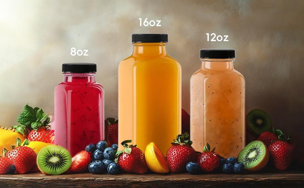 12 oz Glass Juice Bottles with Lids 3-Pack - Reusable Kombucha Bottles & Green Drink Jars with Leakproof Caps