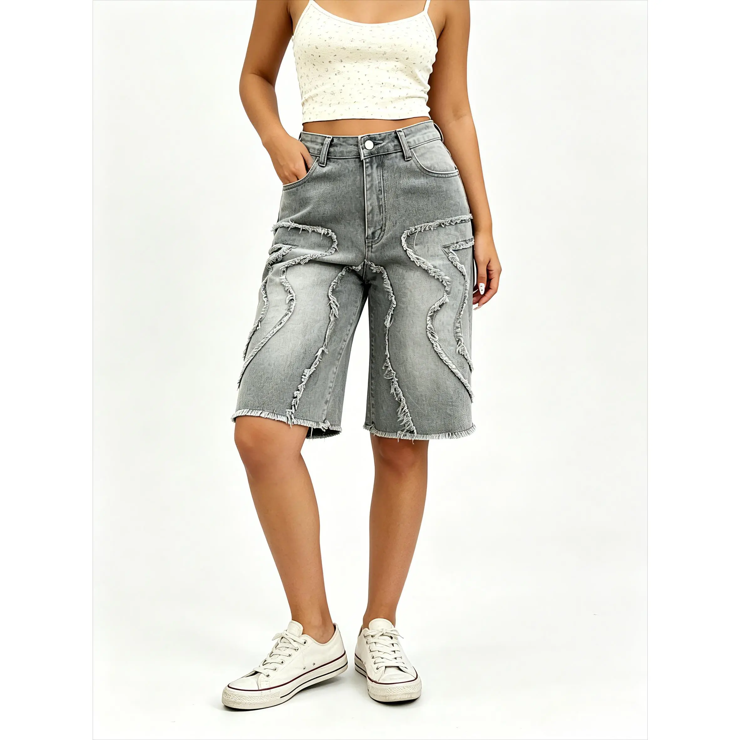 Women's Preppy Baggy Denim Bermuda Shorts - Cement Grey, Mid-Rise Loose Straight Leg, Patchwork Frayed Hem, Above-the-Knee Distressed Vintage Style, Above The Knee Shorts, Baggy Denim Style, Denim Shorts For Women, Distressed Vintage Style Shorts