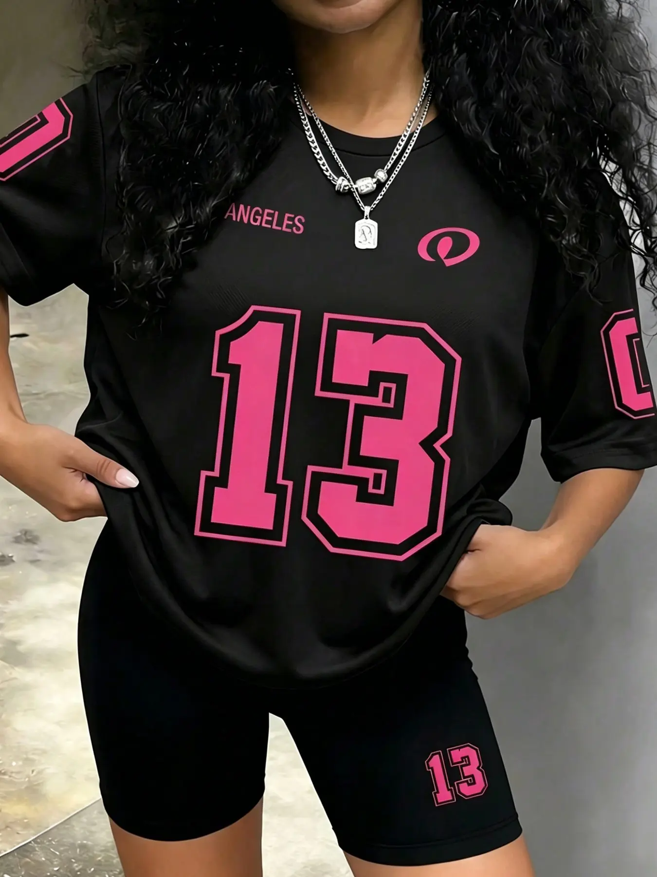 2Pcs Hot Pink Number 13 Jersey Set, Blokecore Short Sleeve T-Shirt and Biker Shorts Outfit for Women, Casual Streetwear, Clothes