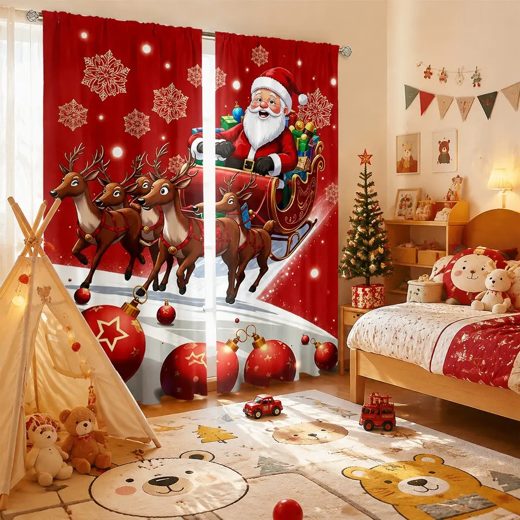 2PCS Christmas Santa Claus Elk Sled Curtains Red Snowflake Ball Holiday Decoration Curtains Living Room Bedroom Dining Room Kitchen Semi blackout Curtains Christmas Theme Party Decoration Curtains