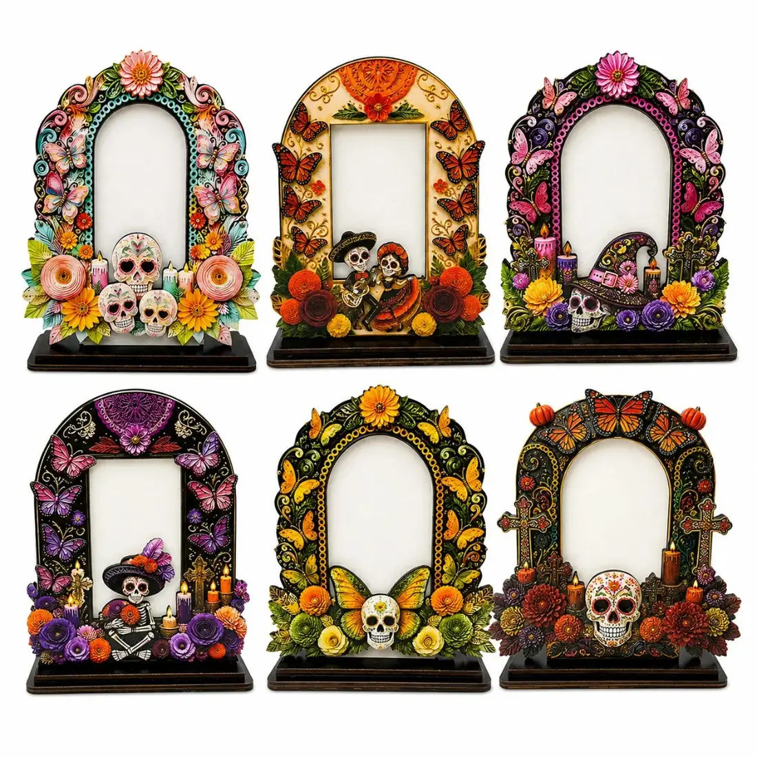 Wooden Picture Frame, Day of the Dead Photo Display Decor with Colorful Decorative Design, Tabletop Altar Frame for Día de los Muertos, Memorial Photos, Home Decor and Holiday Displays