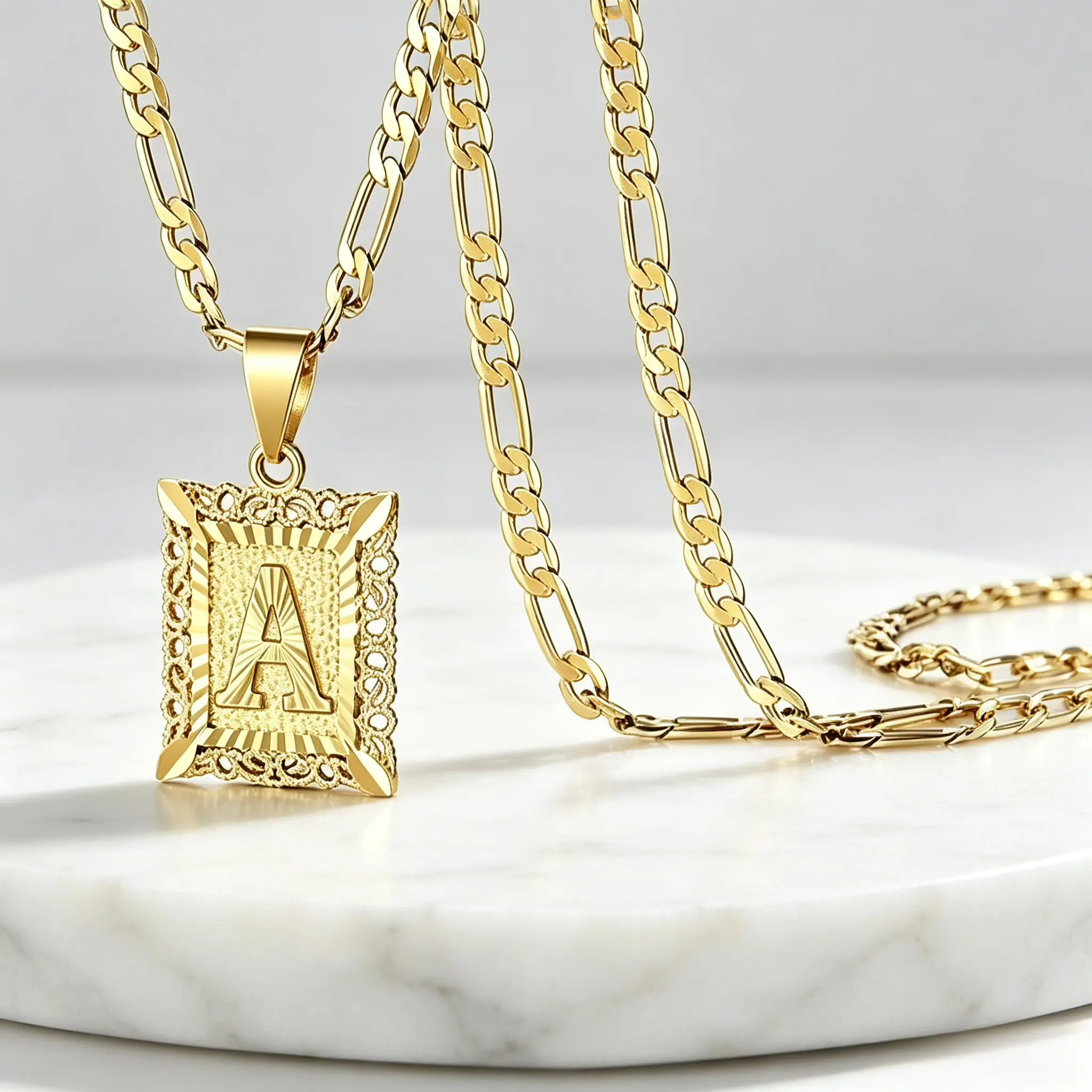 Square Monogram Initial Pendant Necklace, Classic A‑Z Letter Charm Figaro Chain Necklace, Stylish Daily Wear Accessory For Men Women, Ideal Gift For Birthday Anniversary Holiday Special Occasions