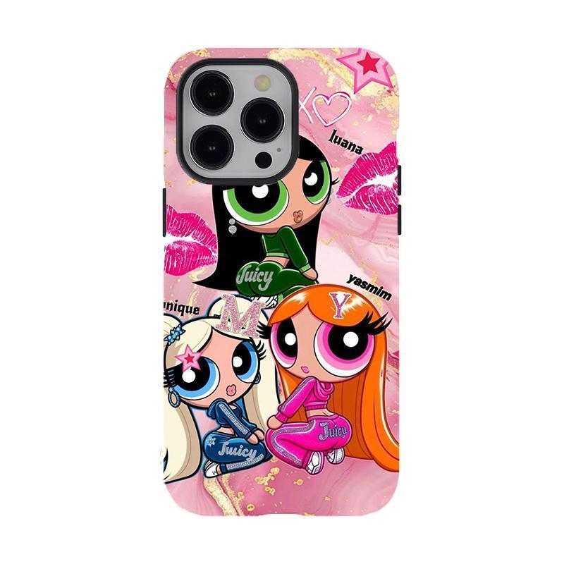 Powe.rp.u.f.f G.irls Y2K Aesthetic Pink, Sweet Two-In-One Drop-Resistant Mobile Phone Case Protection, Shockproof For IPhone 17-12, Pro Max, Pro Plus, and Samsung S25 24 23 Safety Case
